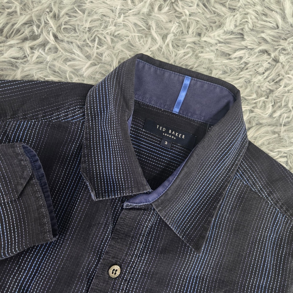 Ted Baker Mens 3 Medium Navy Blue Striped Long Sleeve Cotton Button Down Shirt